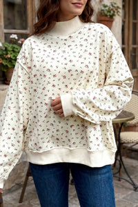 KaleaBoutique Stylish Ribbed High Neck Patchwork Floral Print Baggy Pullover Sweatshirt - KaleaBoutique.com