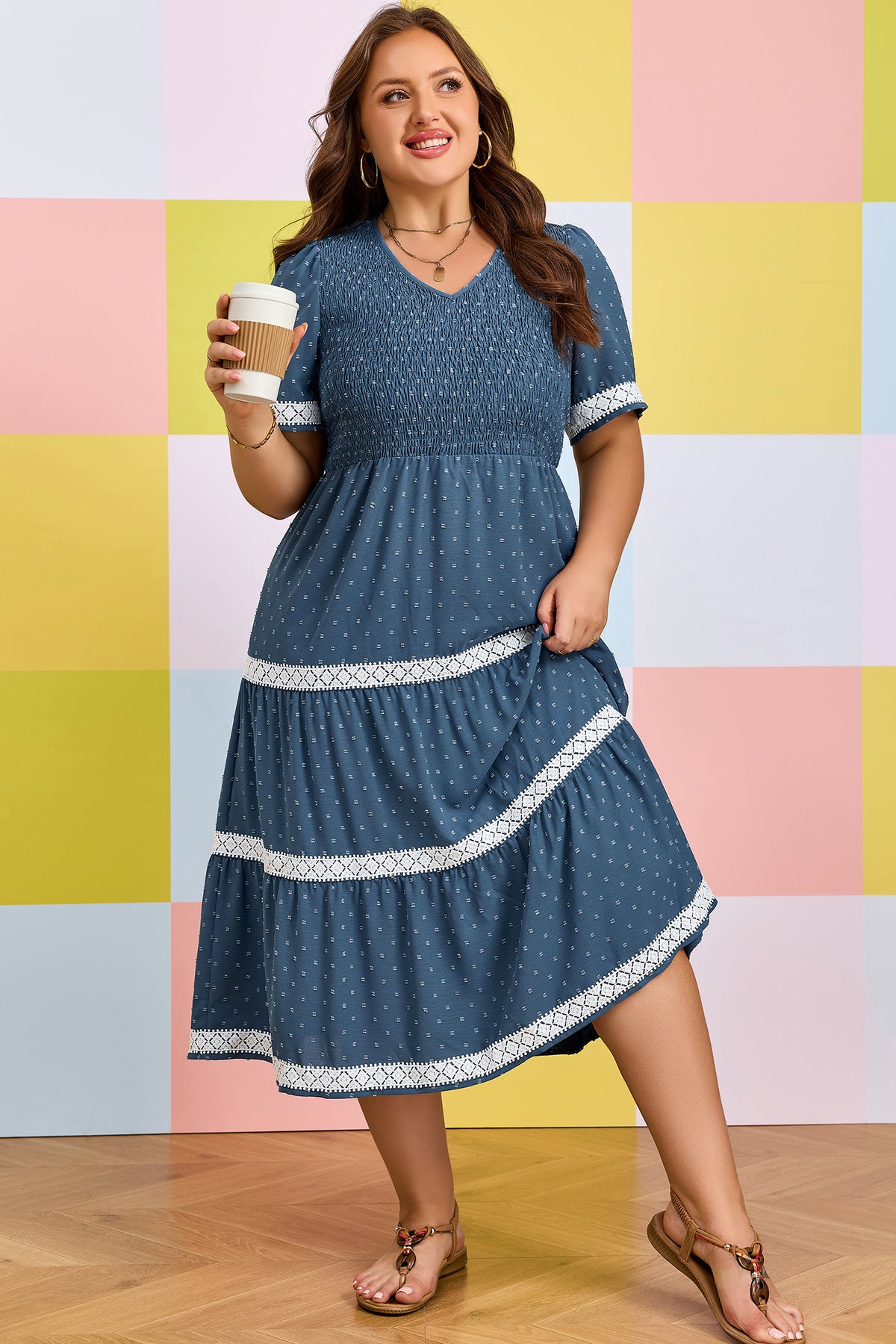 Dusk Blue Plus Size Swiss Dot Lace Tiered Midi Dress - KaleaBoutique.com