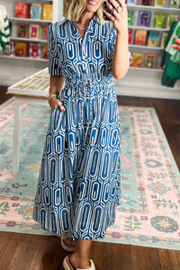KaleaBoutique Stylish Geometric Print Short Sleeve Drawstring Shirt Collar Dress - KaleaBoutique.com