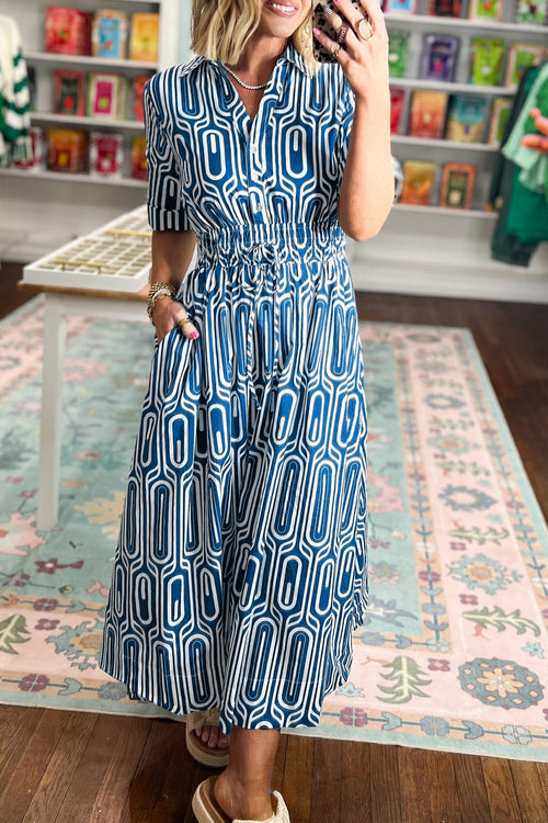 KaleaBoutique Stylish Geometric Print Short Sleeve Drawstring Shirt Collar Dress - KaleaBoutique.com