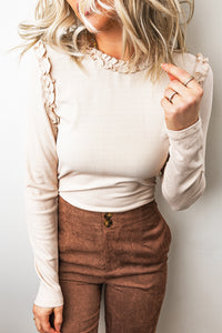 KaleaBoutique Stylish Solid Color Round Neck Frill Detail Long Sleeve Top - KaleaBoutique.com