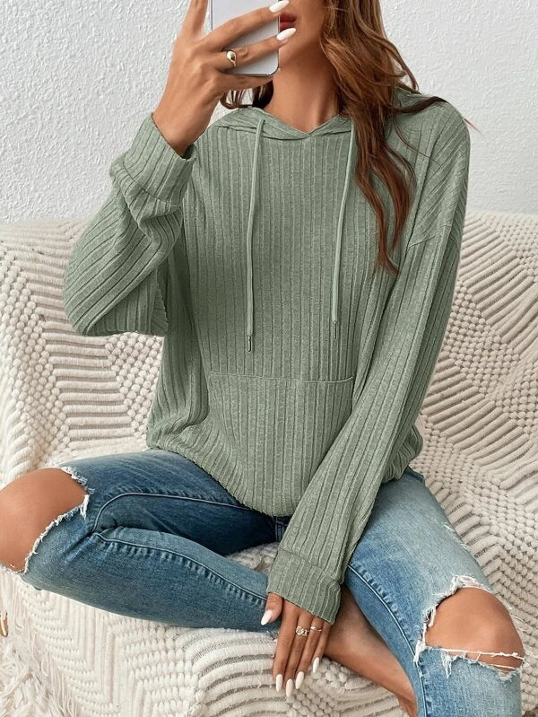 Women's Ribbed Drawstring Pullover Hoodie with Kangaroo Pocket - KaleaBoutique.com