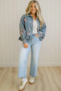 Floral Print Raw Seam Ruffle Hem Denim Jacket - KaleaBoutique.com