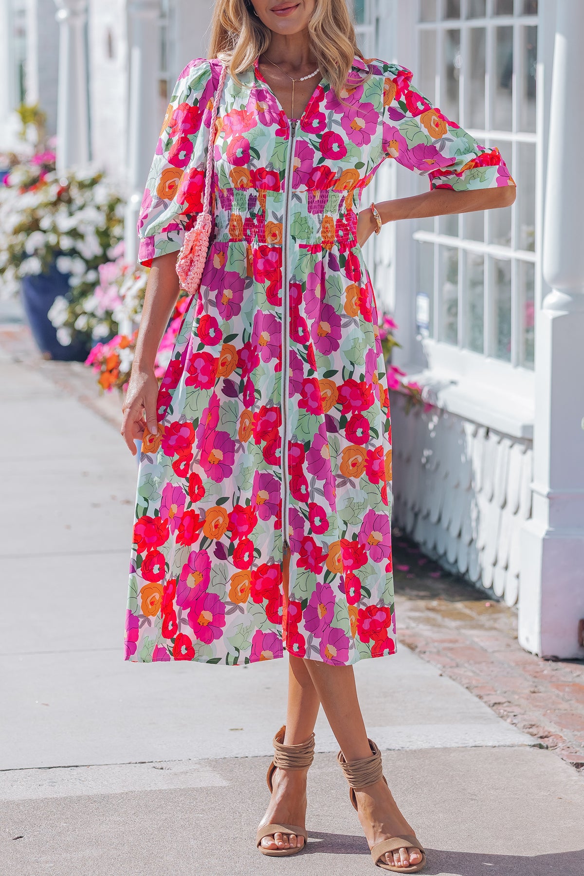 KaleaBoutique Stylish Vibrant Floral Print V Neck Zip Up Puffy Half Sleeve Dress - KaleaBoutique.com