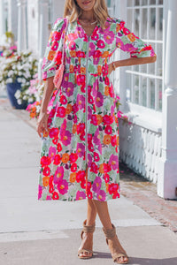 KaleaBoutique Stylish Vibrant Floral Print V Neck Zip Up Puffy Half Sleeve Dress - KaleaBoutique.com