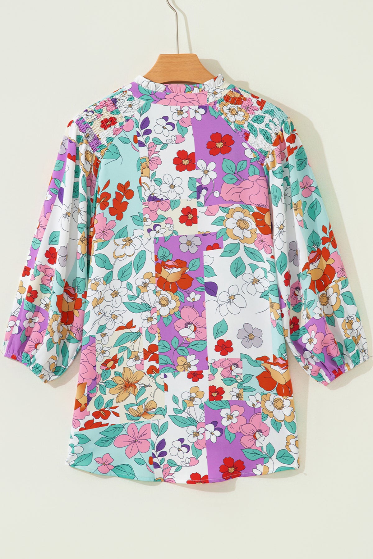 KaleaBoutique Stylish Floral Print Patchwork Frilly Neckline Long Sleeve Shirt - KaleaBoutique.com