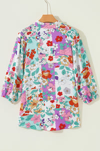 KaleaBoutique Stylish Floral Print Patchwork Frilly Neckline Long Sleeve Shirt - KaleaBoutique.com