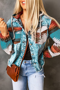 KaleaBoutique Stylish Aztec Print Frayed Hem Denim Jacket - KaleaBoutique.com