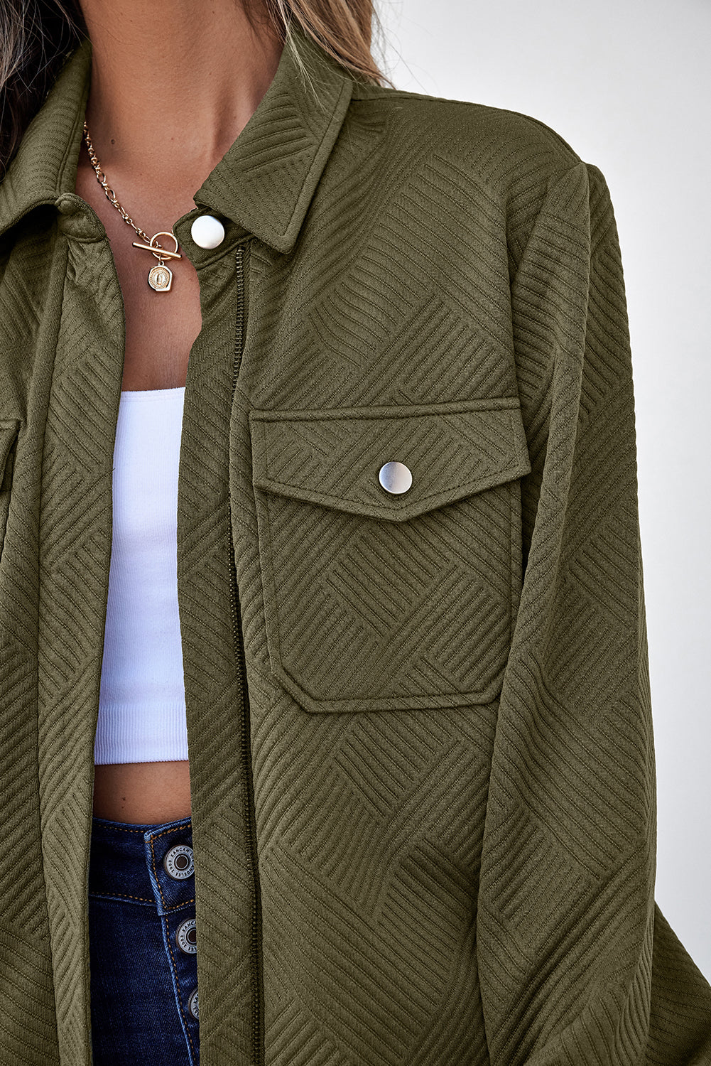 Solid Color Zip Up Button Flap Pocket Shirt Collar Jackets - KaleaBoutique.com