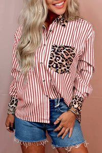 KaleaBoutique Stylish Striped Leopard Print Patchwork Button Up Womens Shirt - KaleaBoutique.com
