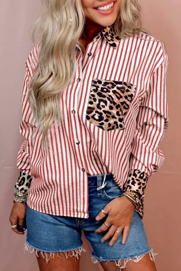 KaleaBoutique Stylish Striped Leopard Print Patchwork Button Up Womens Shirt - KaleaBoutique.com