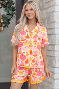 KaleaBoutique Stylish Short Sleeve Pumpkin Print Pocket Placket Shell Button Lounge Set - KaleaBoutique.com