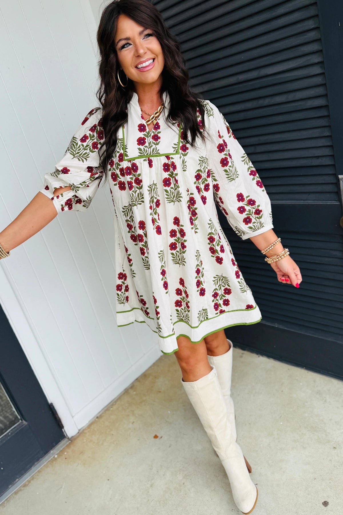KaleaBoutique Stylish Frilled V Neck 3/4 Sleeve Loose Floral Dress - KaleaBoutique.com