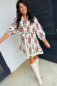 KaleaBoutique Stylish Frilled V Neck 3/4 Sleeve Loose Floral Dress - KaleaBoutique.com