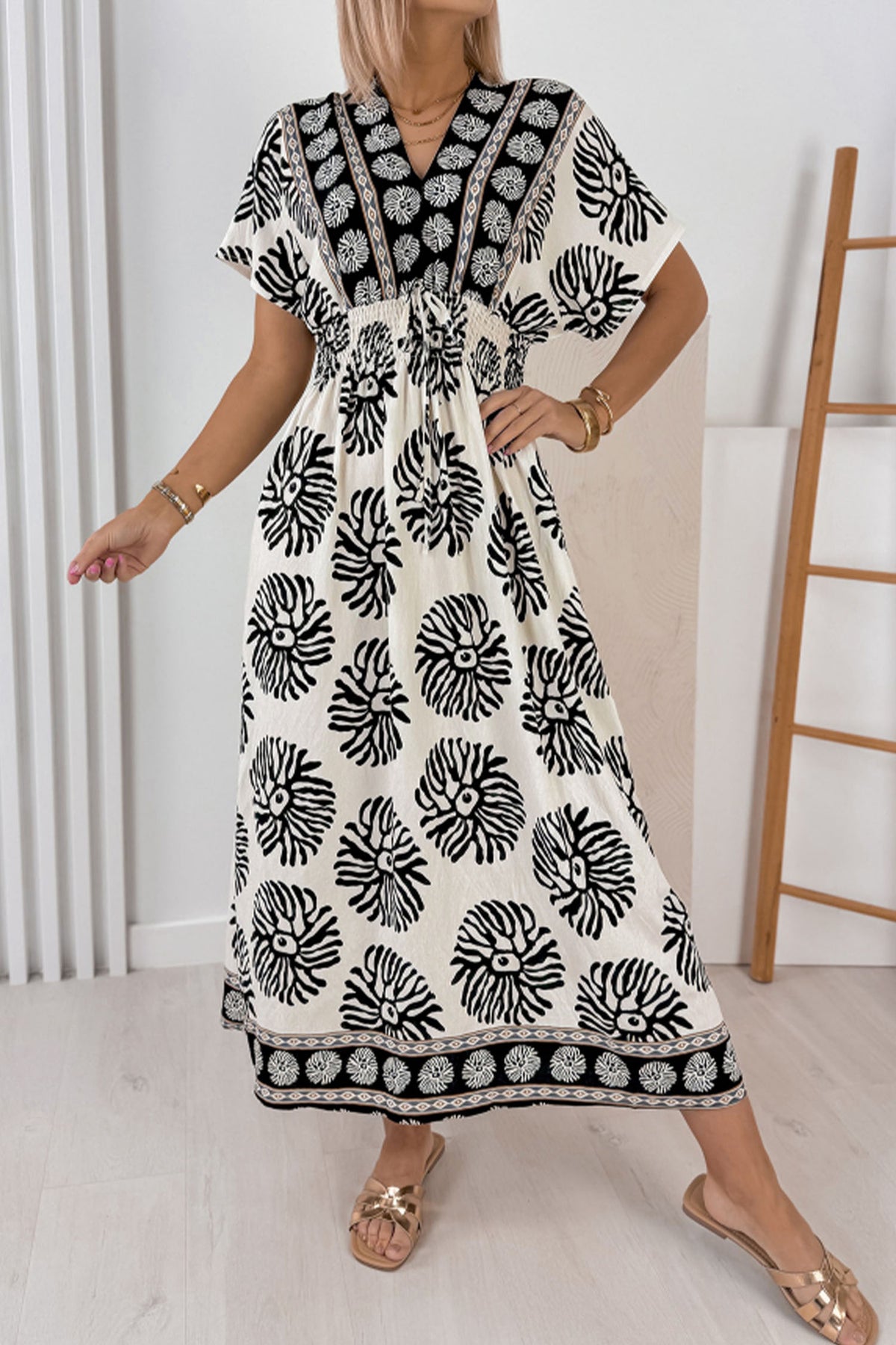 KaleaBoutique Comfortable Boho Floral Print Contrast Patchwork V Neck Dolman Maxi Dress - KaleaBoutique.com