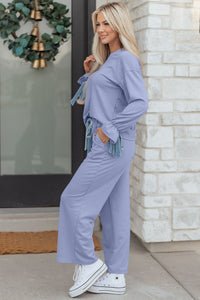 KaleaBoutique Comfortable Flounce Long Sleeve Top Drawstring Pants Contrast Velvet Bow Knot 2pcs Lounge Set - KaleaBoutique.com