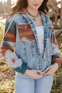 KaleaBoutique Stylish Aztec Print Frayed Hem Denim Jacket - KaleaBoutique.com