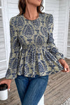 KaleaBoutique Boho Printed Balloon Sleeve Smocked Peplum Blouse - KaleaBoutique.com