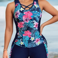 Women's Tropical Floral Crisscross-Neck Top and Shorts 2 PC Tankini Set - KaleaBoutique.com