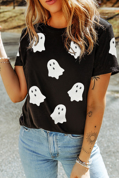 Black Sequin Halloween Ghost Patched Casual T Shirt - KaleaBoutique.com