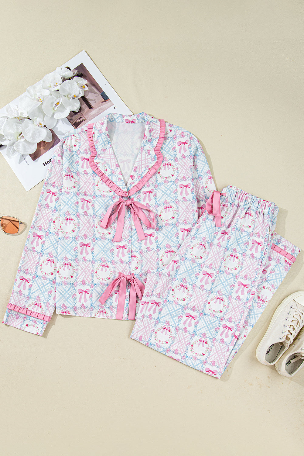 KaleaBoutique Stylish Bow Wreath Pattern Christmas Holiday Tied Front Long Sleeve 2pcs Pajama Set - KaleaBoutique.com