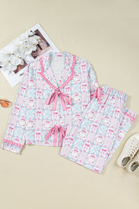 KaleaBoutique Stylish Bow Wreath Pattern Christmas Holiday Tied Front Long Sleeve 2pcs Pajama Set - KaleaBoutique.com