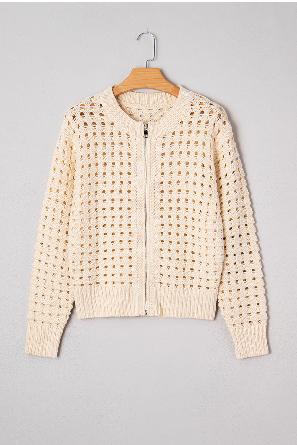 KaleaBoutique Stylish Hollowed Pattern Knit Zip Up Drop Shoulder Sweater Cardigan - KaleaBoutique.com