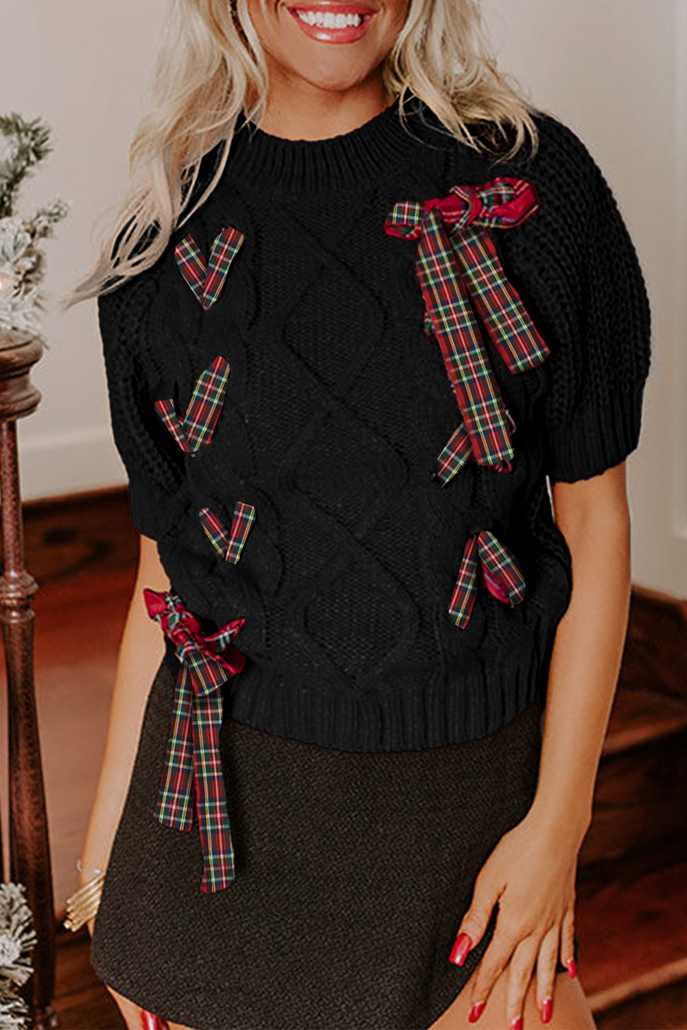 KaleaBoutique Comfortable Plaid Lace up Detail Christmas Holiday Puff Short Sleeve Sweater - KaleaBoutique.com