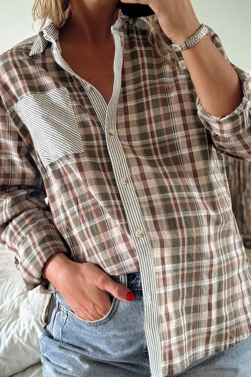 KaleaBoutique Stylish Plaid Print Striped Patchwork Single Chest Pocket Buttoned Shirt - KaleaBoutique.com
