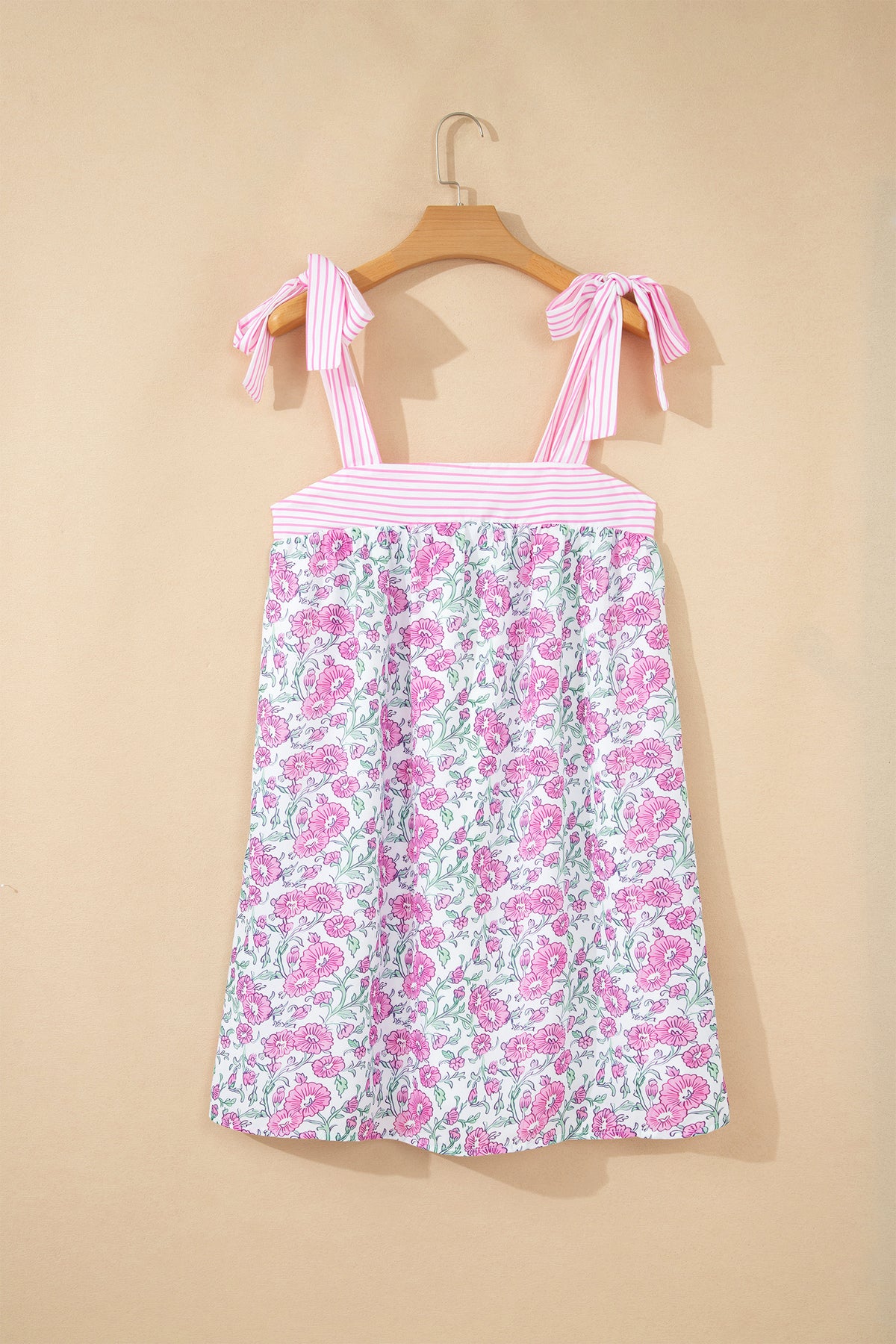 KaleaBoutique Stylish Floral Print Striped Patchwork Bow Knot Straps Mini Dress - KaleaBoutique.com