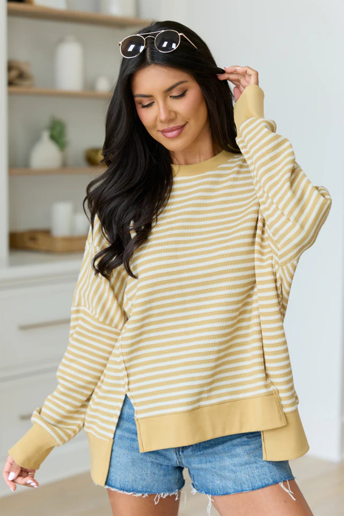 KaleaBoutique Stylish Textured Knit Color Block Trim Split Hem Long Sleeve Top - KaleaBoutique.com
