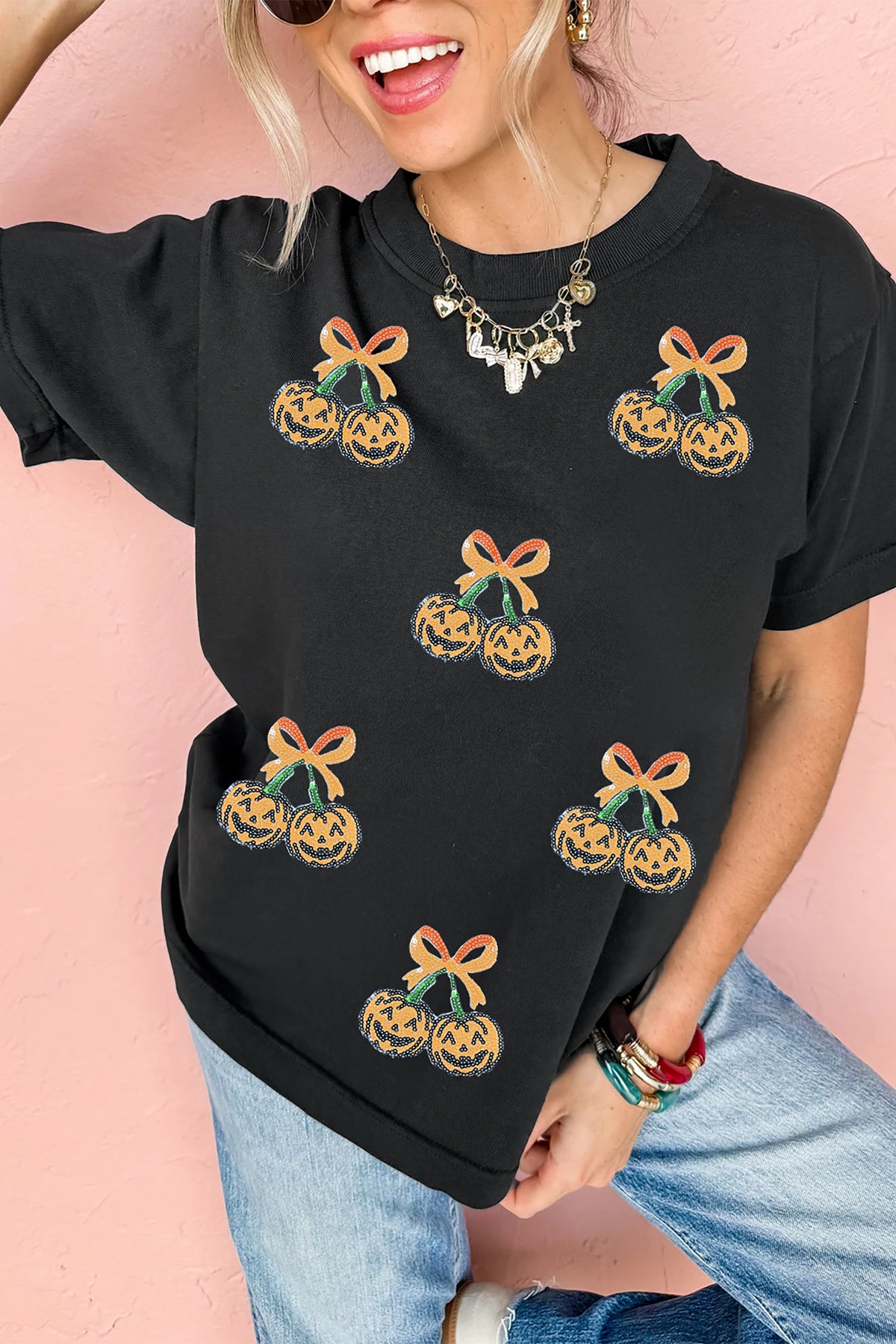 Black Sequin Pumpkin Cherry Halloween Graphic Tee - KaleaBoutique.com