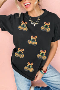 Black Sequin Pumpkin Cherry Halloween Graphic Tee - KaleaBoutique.com
