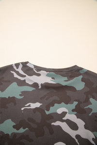 Camouflage Print Textured Drop Shoulder Long Sleeve Top - KaleaBoutique.com