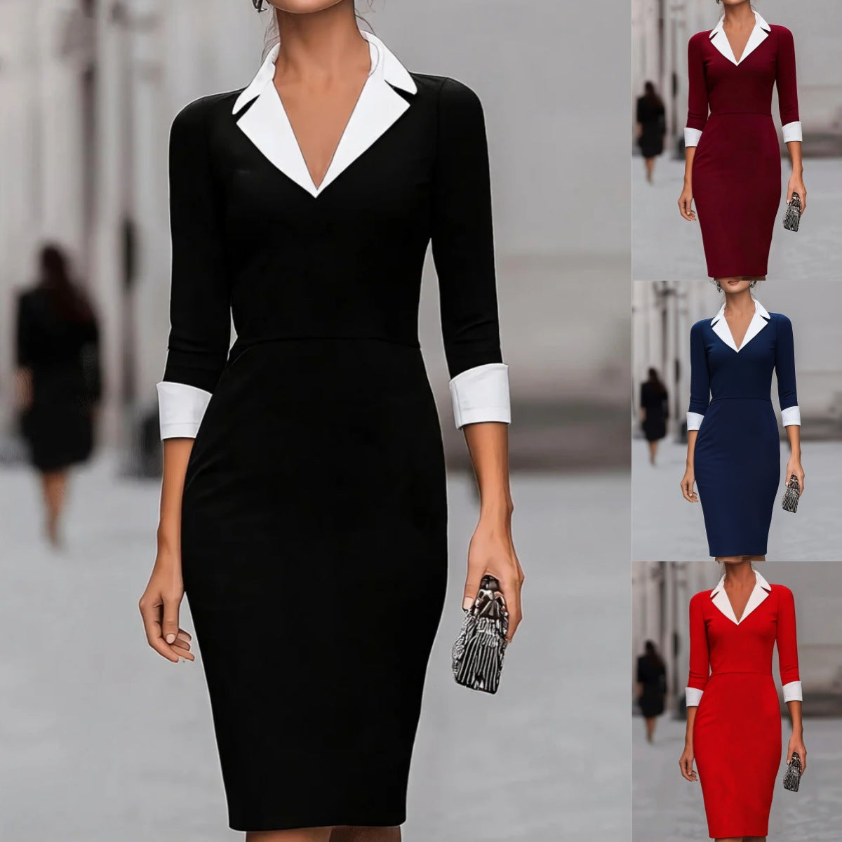 Commuter-style Tailored Sheath Dress With Three-quarter-length Sleeves - KaleaBoutique.com