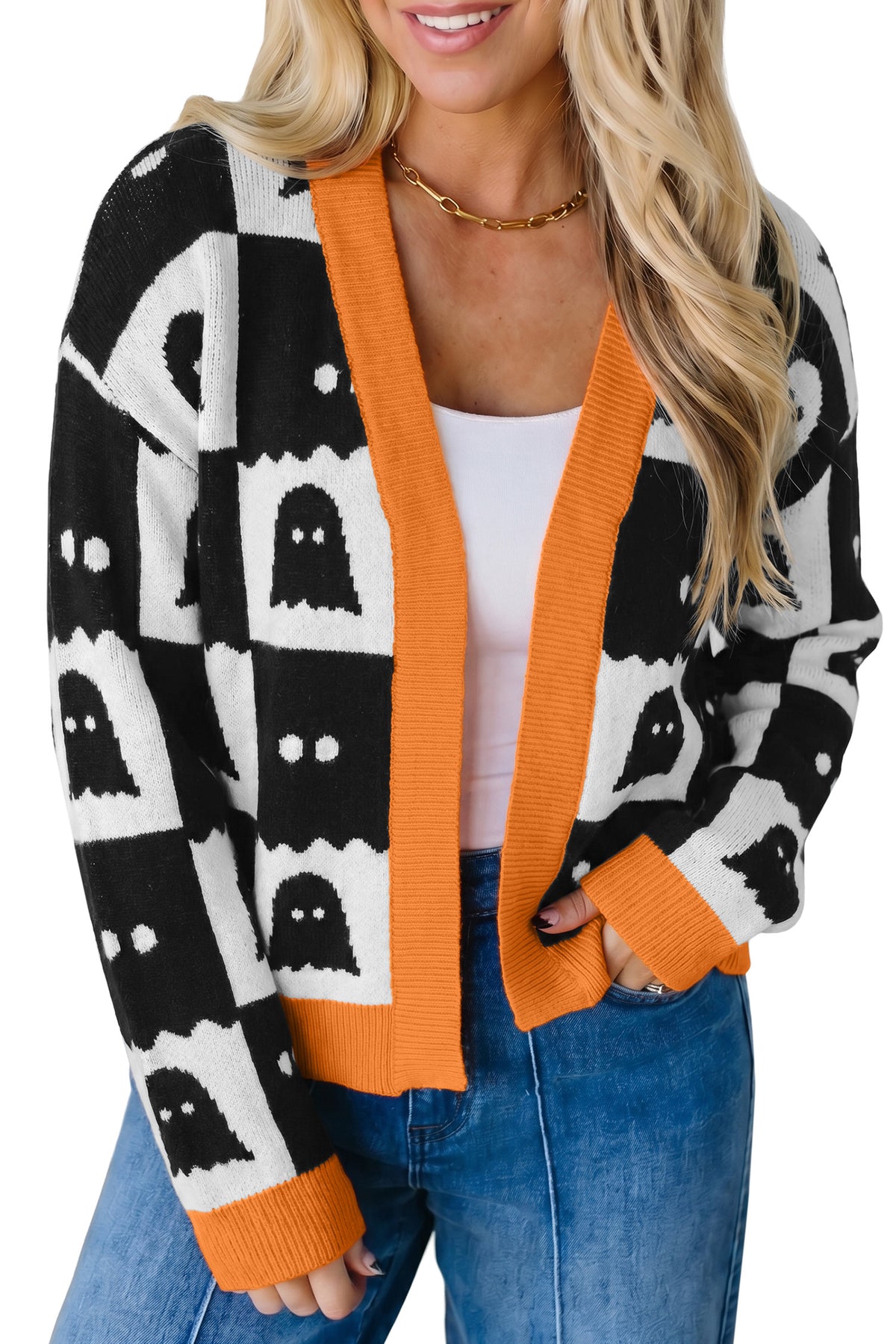 KaleaBoutique Stylish Geometric Ghost Print Drop Shoulder Knit Cardigan - KaleaBoutique.com