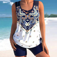 Women's Printed Crisscross Swim Top and Shorts 2 PC Tankini Set - KaleaBoutique.com
