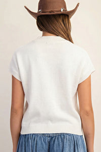 KaleaBoutique Stylish Corded Horseshoes Ribbed Trim Mock Neck Short Sleeve Sweater - KaleaBoutique.com