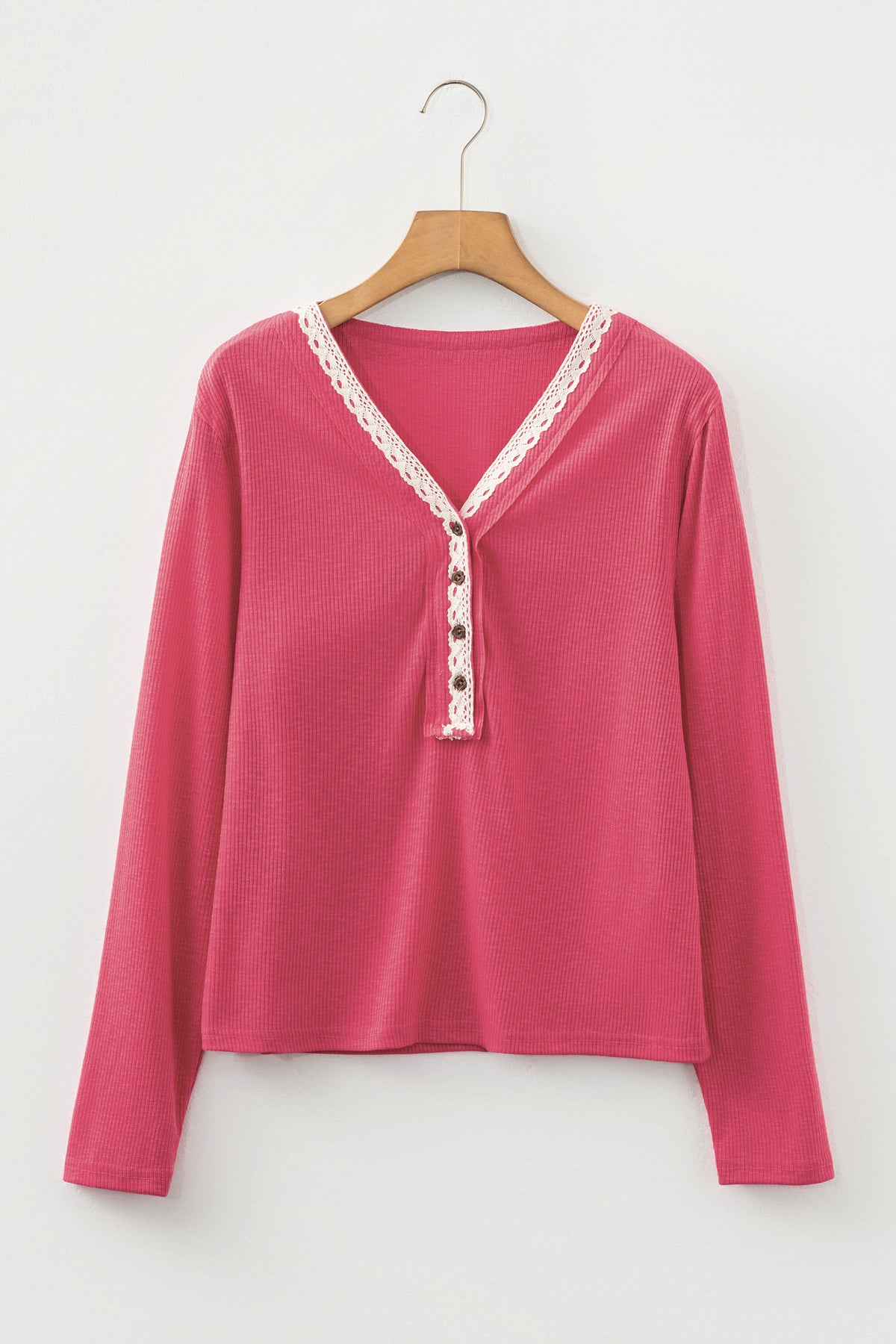 Ribbed Texture Contrasted Lace Trim Button V Neck Long Sleeve Top - KaleaBoutique.com