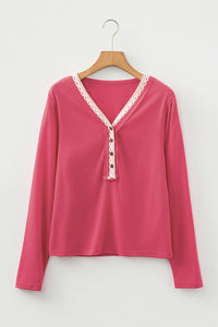 Ribbed Texture Contrasted Lace Trim Button V Neck Long Sleeve Top - KaleaBoutique.com