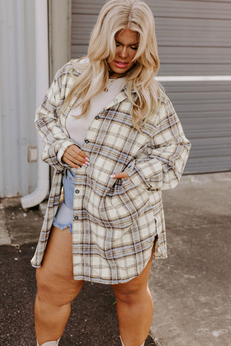 KaleaBoutique White Plaid Print Tunic Plus Size Shacket with Slits - KaleaBoutique.com