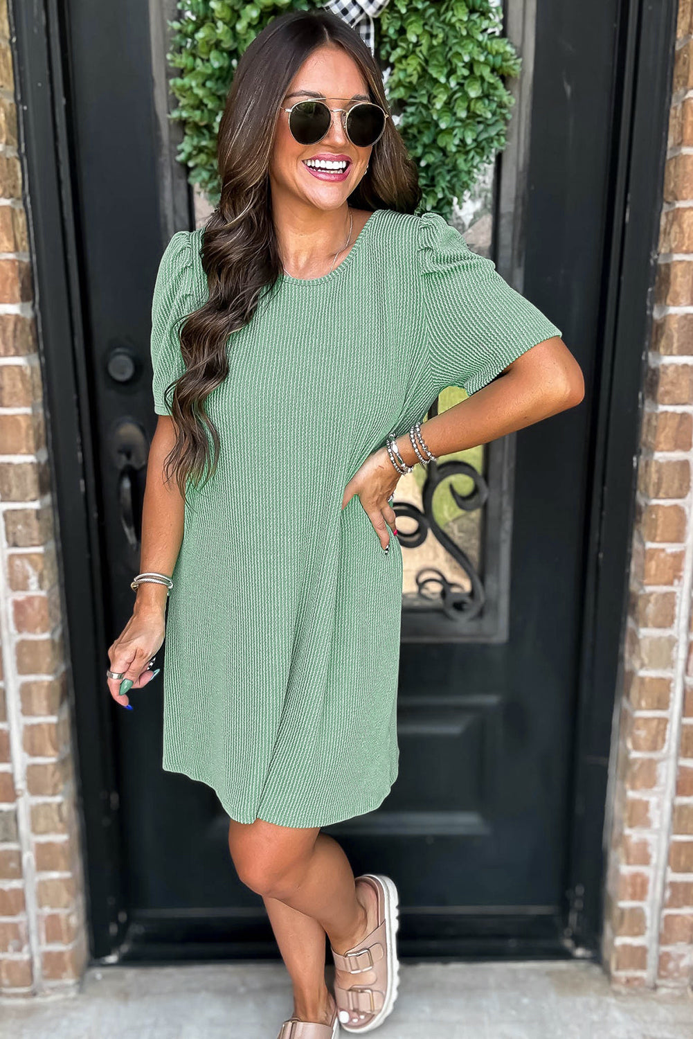 Corded Knit Crew Neck Puff Sleeve Shift Mini Dress - KaleaBoutique.com