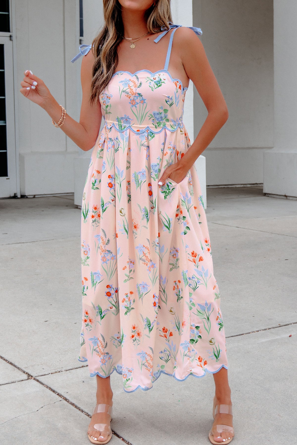 KaleaBoutique Stylish Floral Print Contrast Trim Self-tie Straps High Waist Midi Dress - KaleaBoutique.com