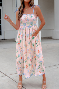 KaleaBoutique Stylish Floral Print Contrast Trim Self-tie Straps High Waist Midi Dress - KaleaBoutique.com