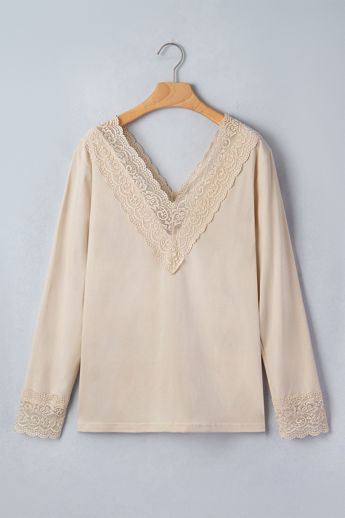 KaleaBoutique Chic Lace Trim V Neck Long Sleeve Patchwork Pullover Top - KaleaBoutique.com