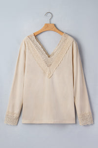 KaleaBoutique Chic Lace Trim V Neck Long Sleeve Patchwork Pullover Top - KaleaBoutique.com