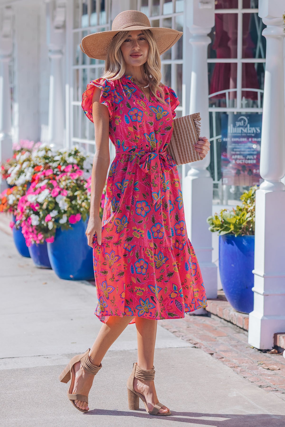 KaleaBoutique Stylish Flutter Sleeve Belted Floral Long Dress - KaleaBoutique.com