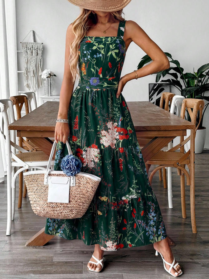 Plant And Floral Strap Maxi Dress - KaleaBoutique.com