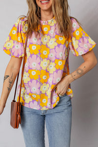 KaleaBoutique Stylish Frilled Neck Puff Short Sleeve Flower Top - KaleaBoutique.com