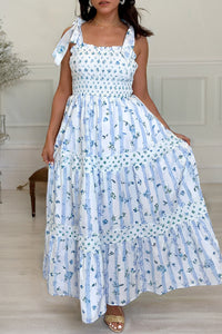 Floral Smocked Tied Straps A-Lined Tiered Maxi Dress - KaleaBoutique.com